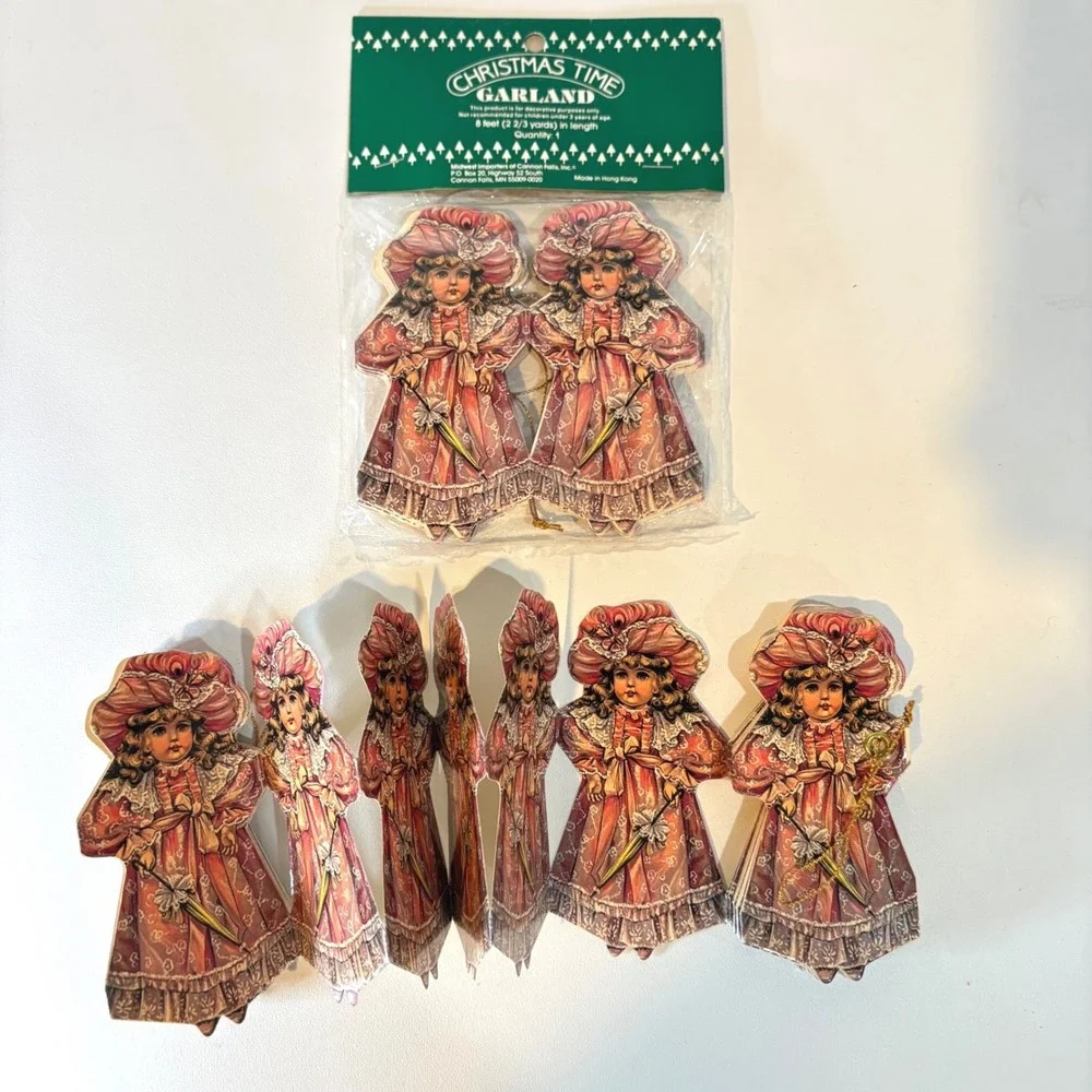Vintage Midwest Importers Victorian Paper Doll Christmas Garland 8ft Pink Girl